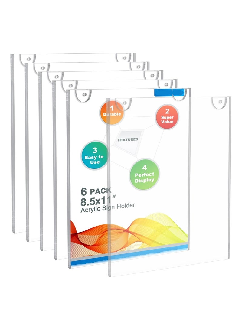 Slasa SLASA 6 Pack 8.5x11 Inch Acrylic Sign Holder – Vertical Wall Mount Clear Display Frame with Adhesive Tape & Screws – Plastic Wall Poster Holder for Menu, Flyer, Office, Store, Home Use - Image 1