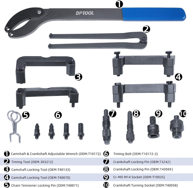 DPTOOL Timing Tool Kit Replacement for Audi VW 2.0 2.4 2.8 3.0T 3.2 4.2 5.2 Engine A4 A6 A6L A8 Q5 Q7 R8 303212 T40133 T40070 T40058 T10172 Alignment Camshaft Locking Tool - Image 2