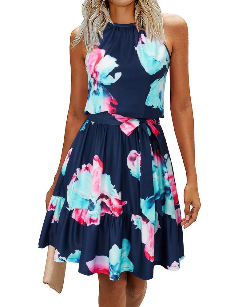 Newshows Women's 2025 Summer Dress Halter Casual Beach Vacation Outfits Hawaiian Dresses Ruffle Belted Sundress with Pockets(Floral-3, S) - Image 1