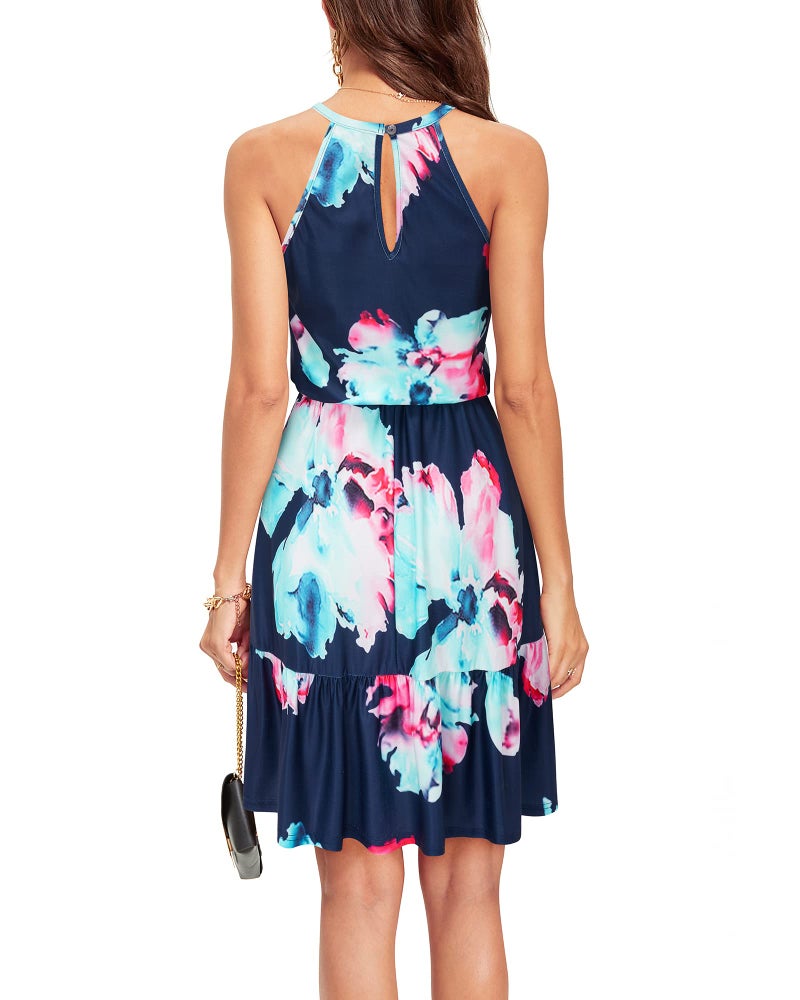 Newshows Women's 2025 Summer Dress Halter Casual Beach Vacation Outfits Hawaiian Dresses Ruffle Belted Sundress with Pockets(Floral-3, S) - Image 4