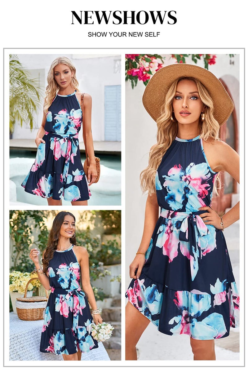 Newshows Women's 2025 Summer Dress Halter Casual Beach Vacation Outfits Hawaiian Dresses Ruffle Belted Sundress with Pockets(Floral-3, S) - Image 2