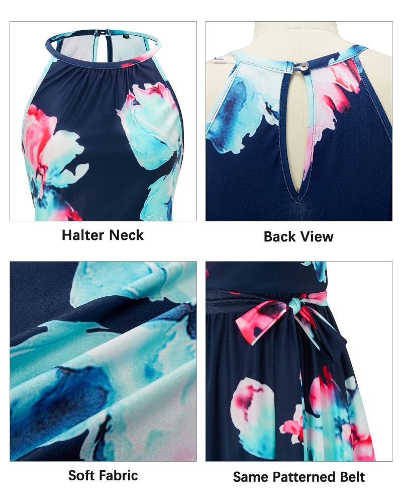 Newshows Women's 2025 Summer Dress Halter Casual Beach Vacation Outfits Hawaiian Dresses Ruffle Belted Sundress with Pockets(Floral-3, S) - Image 5
