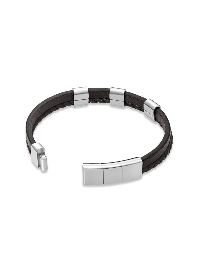 POLICE Unity BraceletDual-Textured Brown Leather with Stainless Steel Square Motifs and P SymbolBold Men's Style