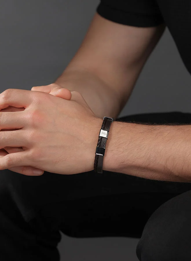POLICE Unity BraceletDual-Textured Brown Leather with Stainless Steel Square Motifs and P SymbolBold Men's Style