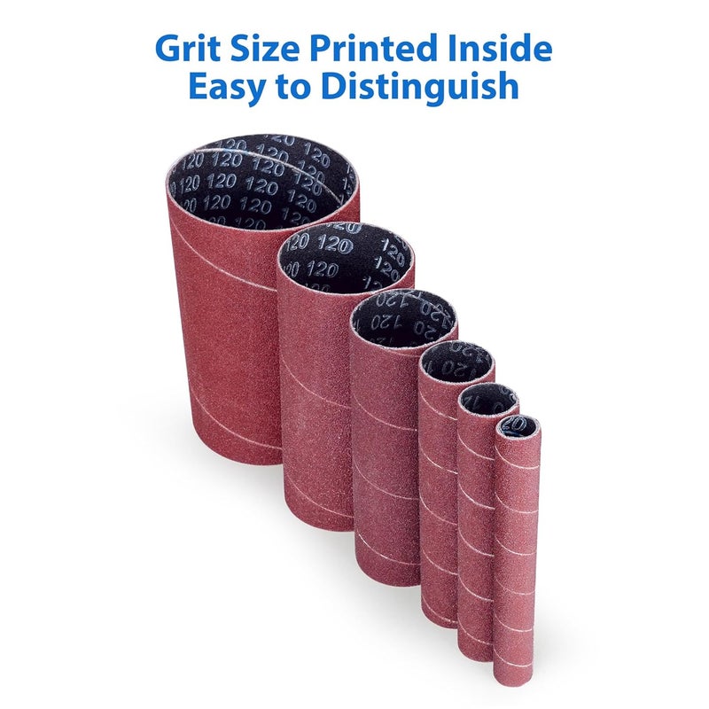 LotFancy Spindle Sanding Sleeves, 120 Grit, Pack of 24, Aluminum Oxide Abrasive, 4-1/2” Length, 4 Each of 1/2”,3/4”,1”,1-1/2”, 2” and 3” - Image 4