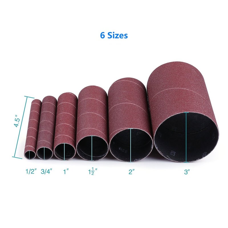 LotFancy Spindle Sanding Sleeves, 120 Grit, Pack of 24, Aluminum Oxide Abrasive, 4-1/2” Length, 4 Each of 1/2”,3/4”,1”,1-1/2”, 2” and 3” - Image 3
