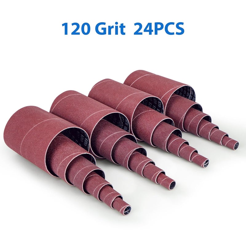 LotFancy Spindle Sanding Sleeves, 120 Grit, Pack of 24, Aluminum Oxide Abrasive, 4-1/2” Length, 4 Each of 1/2”,3/4”,1”,1-1/2”, 2” and 3” - Image 2