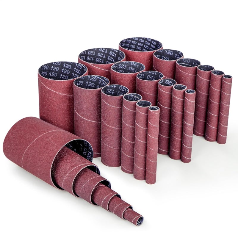 LotFancy Spindle Sanding Sleeves, 120 Grit, Pack of 24, Aluminum Oxide Abrasive, 4-1/2” Length, 4 Each of 1/2”,3/4”,1”,1-1/2”, 2” and 3” - Image 1