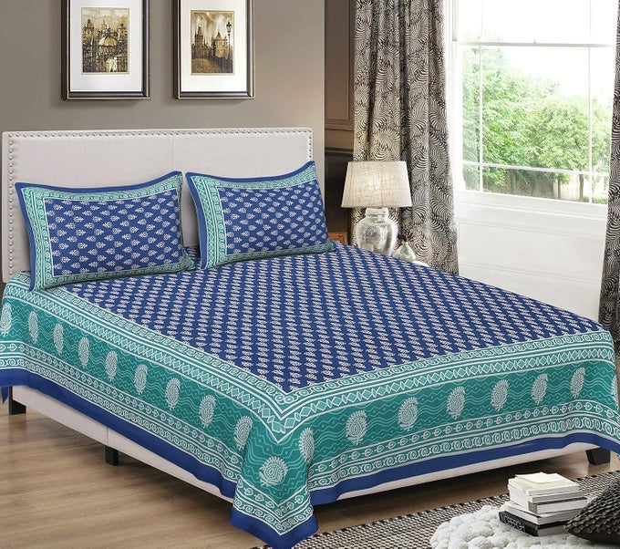 100 PURE COTTON RAJASTHANI TRADITION QUEEN SIZE DOUBLE BEDSHEETS WITH 2 PILLOW COVERS QUEEN SIZE JAIPURI BEDSPREADS