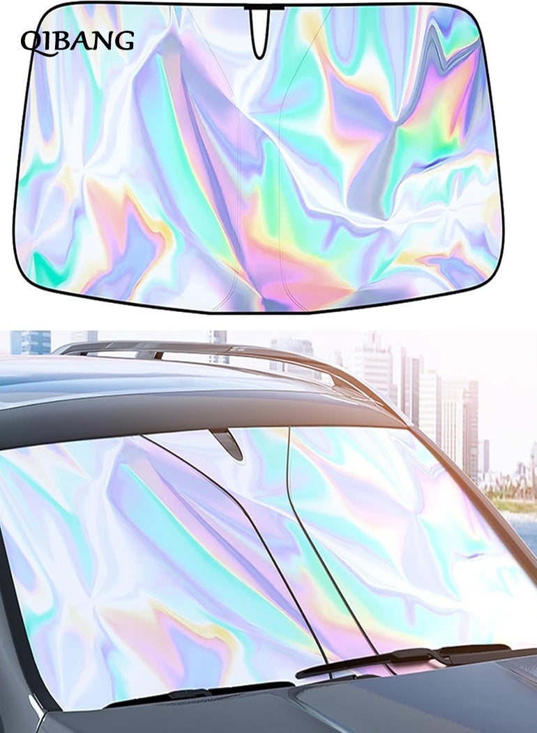 QIBANG Sunshade Car Front Windshield Titanium Silver Sun Shade Iridescent Car Sunshade Foldable Sun Shield Cover Block UV Rays, Reflector Shield Suitable for Most Cars SUVs Large 140x80cm - Image 1