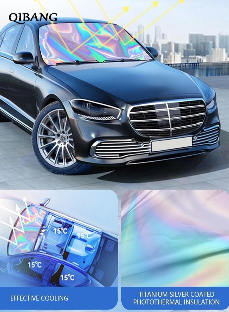 QIBANG Sunshade Car Front Windshield Titanium Silver Sun Shade Iridescent Car Sunshade Foldable Sun Shield Cover Block UV Rays, Reflector Shield Suitable for Most Cars SUVs Large 140x80cm - Image 4