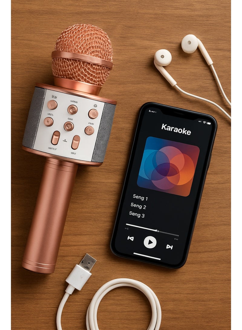 Wireless microphone suitable for children, handheld with a USB port, Bluetooth technology, and supports a memory card, compatible with smart phones (Rose gold) - Image 2