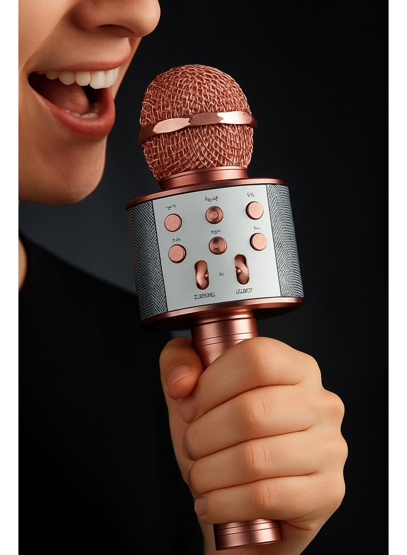 Wireless microphone suitable for children, handheld with a USB port, Bluetooth technology, and supports a memory card, compatible with smart phones (Rose gold) - Image 4