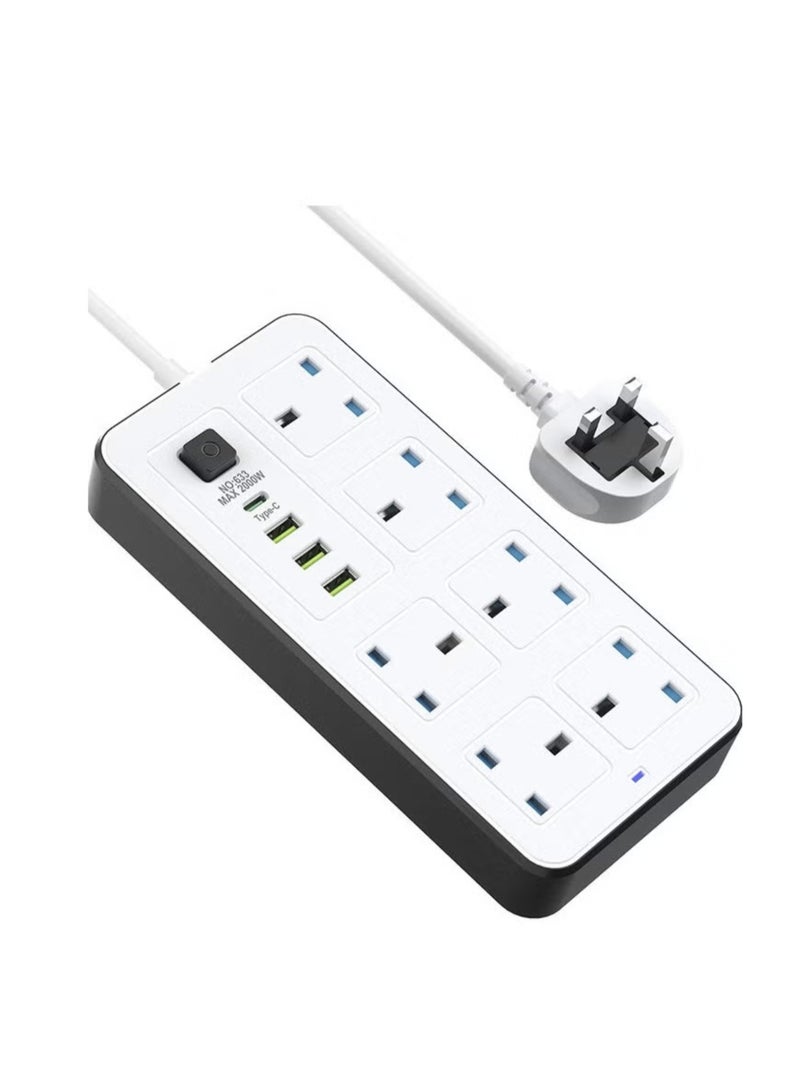 Powermax Power Socket Extension Plug – 2500W Power Strip Extension with 6 AC Outlets + 3 USB + 1 PD Type-C | 3.4A Auto-ID Charging | Anti-Static Protection | 5M Extension Cord – White | Includes Anti-Static Protection & 5000mm Heavy-Duty Cord for Safe, Efficient Charging - Image 1