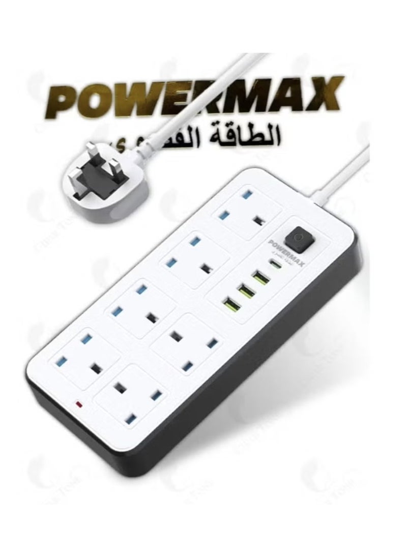Powermax Power Socket Extension Plug – 2500W Power Strip Extension with 6 AC Outlets + 3 USB + 1 PD Type-C | 3.4A Auto-ID Charging | Anti-Static Protection | 5M Extension Cord – White | Includes Anti-Static Protection & 5000mm Heavy-Duty Cord for Safe, Efficient Charging - Image 5