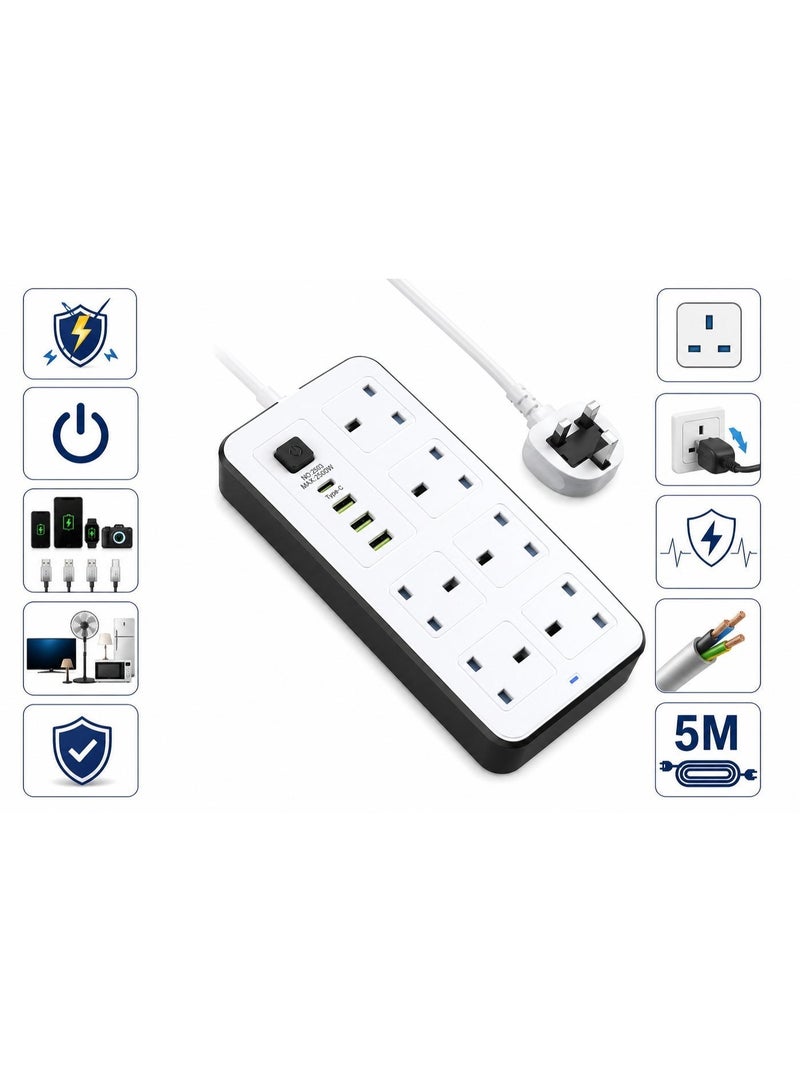 Labra Power Socket Extension Plug – 2500W Power Strip Extension with 6 AC Outlets + 3 USB + 1 PD Type-C | 3.4A Auto-ID Charging | Anti-Static Protection | 5M Extension Cord – White | Includes Anti-Static Protection & Heavy-Duty Cord for Safe, Efficient Charging - Image 2