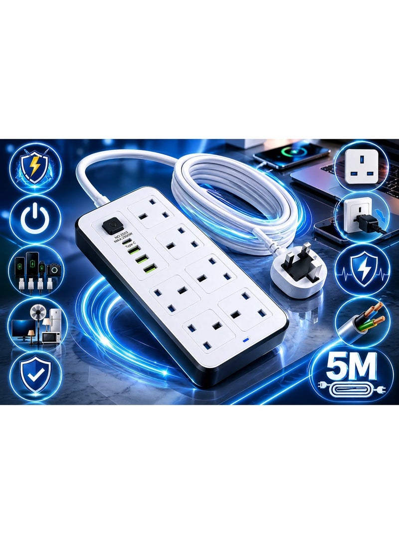 Labra Power Socket Extension Plug – 2500W Power Strip Extension with 6 AC Outlets + 3 USB + 1 PD Type-C | 3.4A Auto-ID Charging | Anti-Static Protection | 5M Extension Cord – White | Includes Anti-Static Protection & Heavy-Duty Cord for Safe, Efficient Charging - Image 1