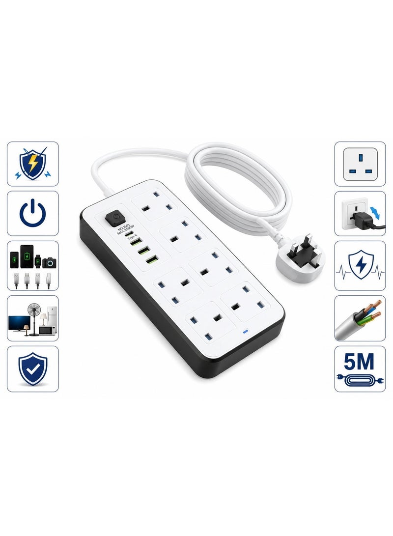 Labra Power Socket Extension Plug – 2500W Power Strip Extension with 6 AC Outlets + 3 USB + 1 PD Type-C | 3.4A Auto-ID Charging | Anti-Static Protection | 5M Extension Cord – White | Includes Anti-Static Protection & Heavy-Duty Cord for Safe, Efficient Charging - Image 3