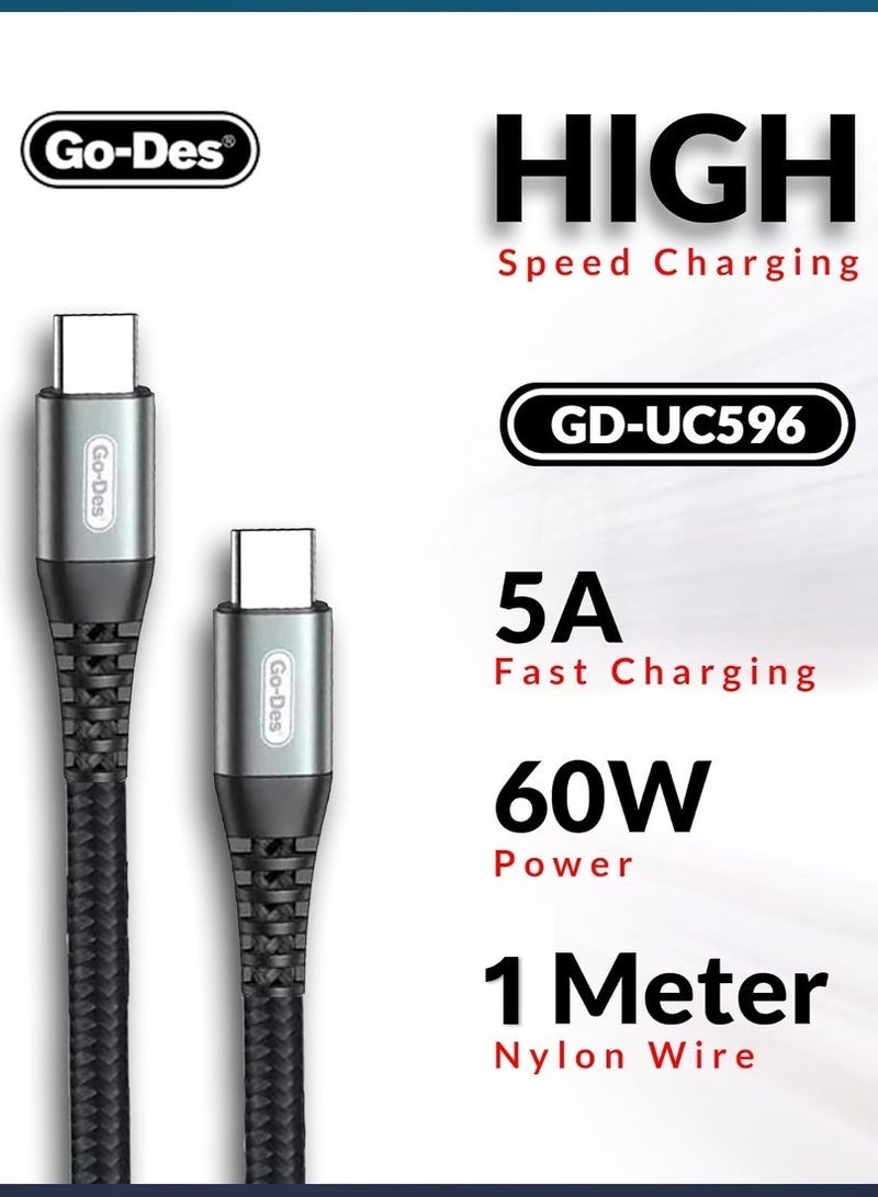 GO-DES GD-UC596 60W Ultra Fast Charging 5A USB C to USB C Cable [3.3-ft,1M], Powerful Nylon Braided USB-C Cord Phone Charger for iPhone 15, Android Phones, Tablets, iPad Pro, MacBook and Laptops - Image 4