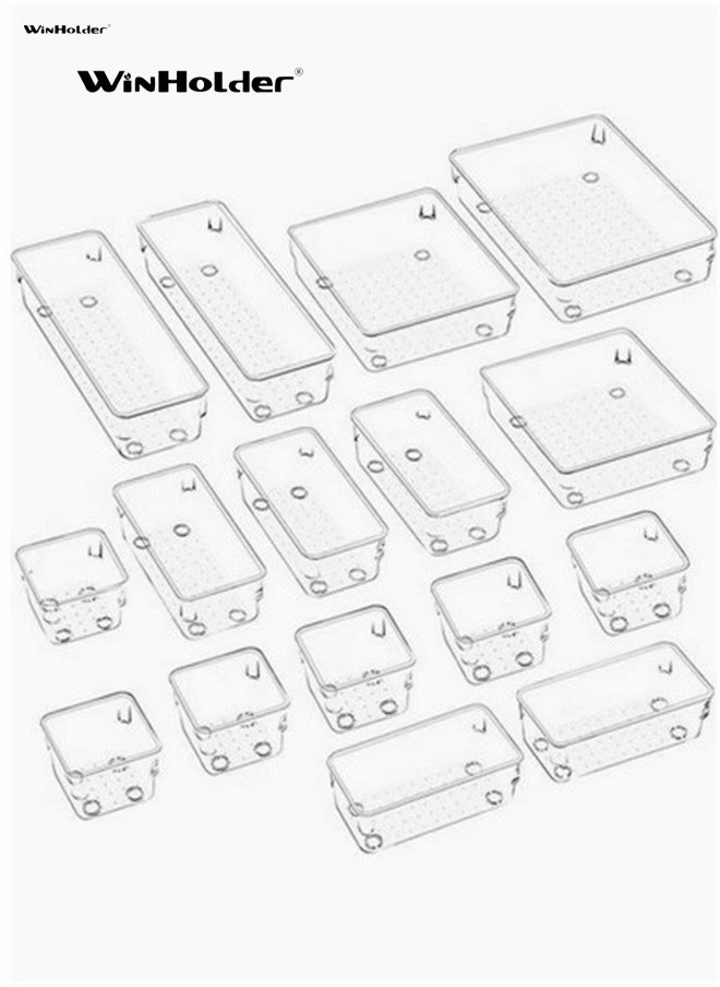 WinHolder - 16 Pack Desk Drawer Organizer Trays, Makeup Storage,Drawer Dividers 5-Size Clear Storage Boxes Divider Make-up Organiser for Kitchen, Bedroom, Office, Makeup, Jewelries - Image 1