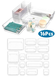 16 Pack Desk Drawer Organizer Trays, Makeup Storage,Drawer Dividers 5-Size Clear Storage Boxes Divider Make-up Organiser for Kitchen, Bedroom, Office, Makeup, Jewelries