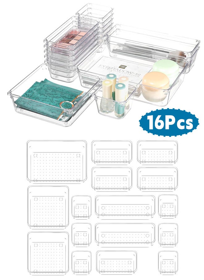 WinHolder - 16 Pack Desk Drawer Organizer Trays, Makeup Storage,Drawer Dividers 5-Size Clear Storage Boxes Divider Make-up Organiser for Kitchen, Bedroom, Office, Makeup, Jewelries - Image 1