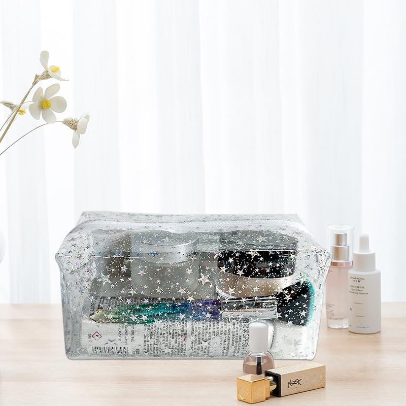 TotePrint 1PCS Star Printing Clear Cosmetics Makeup Bag 7.9 x 3.9 x 3.54 inches Waterproof Travel Toiletry Storage Bag Vinyl Plastic PVC Zippered Organizer for Girls Friends Women (purple) - Image 4