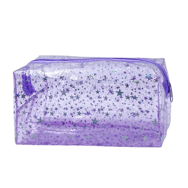 TotePrint 1PCS Star Printing Clear Cosmetics Makeup Bag 7.9 x 3.9 x 3.54 inches Waterproof Travel Toiletry Storage Bag Vinyl Plastic PVC Zippered Organizer for Girls Friends Women (purple) - Image 1