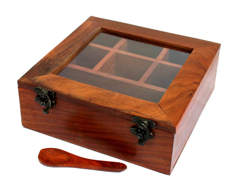 ESPLANADE Wooden Masala Daani Spice Box with Transparent Top | Kitchen Spice Box Set with Wooden Spoon - 8" x 8" x 3" Inches – Brown | Wooden Decorative Box | Spice Organizer - Image 5