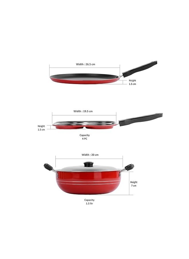 Sumeet 2.6mm Thick Non-Stick Red Blush Combo set (Dosa Tawa – 26.5cm Dia + Multi snack maker – 19.5cm Dia + Kadhai with Lid – 1.5Ltr capacity- 20cm Dia) - Image 2