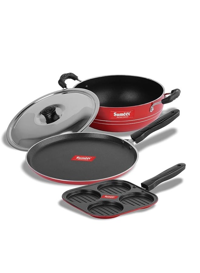 Sumeet 2.6mm Thick Non-Stick Red Blush Combo set (Dosa Tawa – 26.5cm Dia + Multi snack maker – 19.5cm Dia + Kadhai with Lid – 1.5Ltr capacity- 20cm Dia) - Image 3