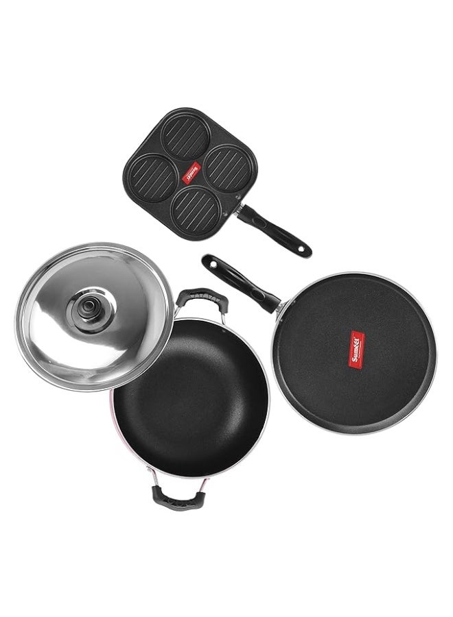 Sumeet 2.6mm Thick Non-Stick Red Blush Combo set (Dosa Tawa – 26.5cm Dia + Multi snack maker – 19.5cm Dia + Kadhai with Lid – 1.5Ltr capacity- 20cm Dia) - Image 4