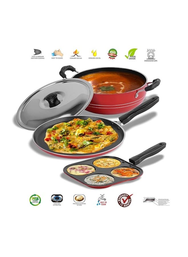 Sumeet 2.6mm Thick Non-Stick Red Blush Combo set (Dosa Tawa – 26.5cm Dia + Multi snack maker – 19.5cm Dia + Kadhai with Lid – 1.5Ltr capacity- 20cm Dia) - Image 1