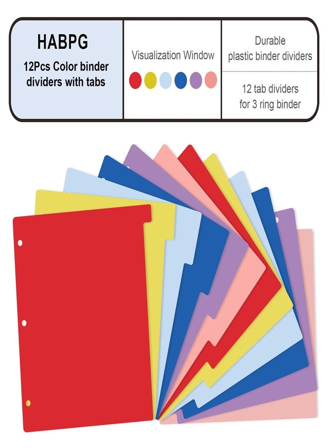 HABGP 12 Tab Dividers for 3 Ring Binder, 12 Pcs Multicolor 3 Ring Binder Dividers with Tabs, Page Folder Dividers, Plastic Tabbed File Dividers with Tabs, Three Ring Binder Index Dividers, 1 Set - Image 2