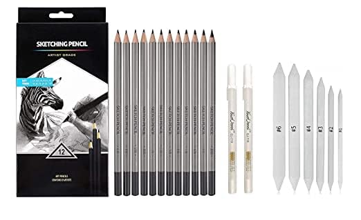 MILLENSIUM MILLENSIUM Art Sketching Pencils Set of 12 Pencils Artist Grade Degree Pencils 10B, 8B, 6B, 5B, 4B, 3B, 2B, B, HB, 2H, 4H and 6H with 6 Stumps and 2 White Gel Pen  - Image 1