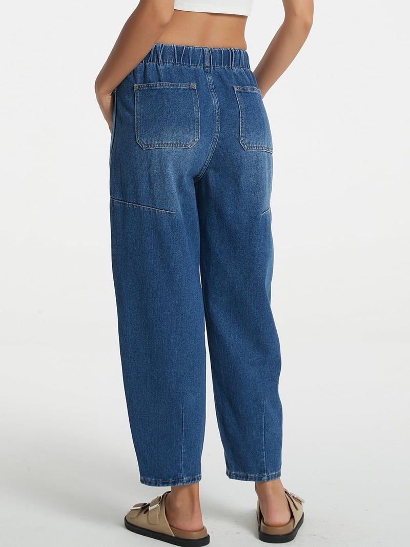 LifeShe Women's Wide Leg Baggy Jeans Elastic Waist Barrel Jeans Trendy Loose Drawstring Ankle Denim Pants Deep Blue - Image 2