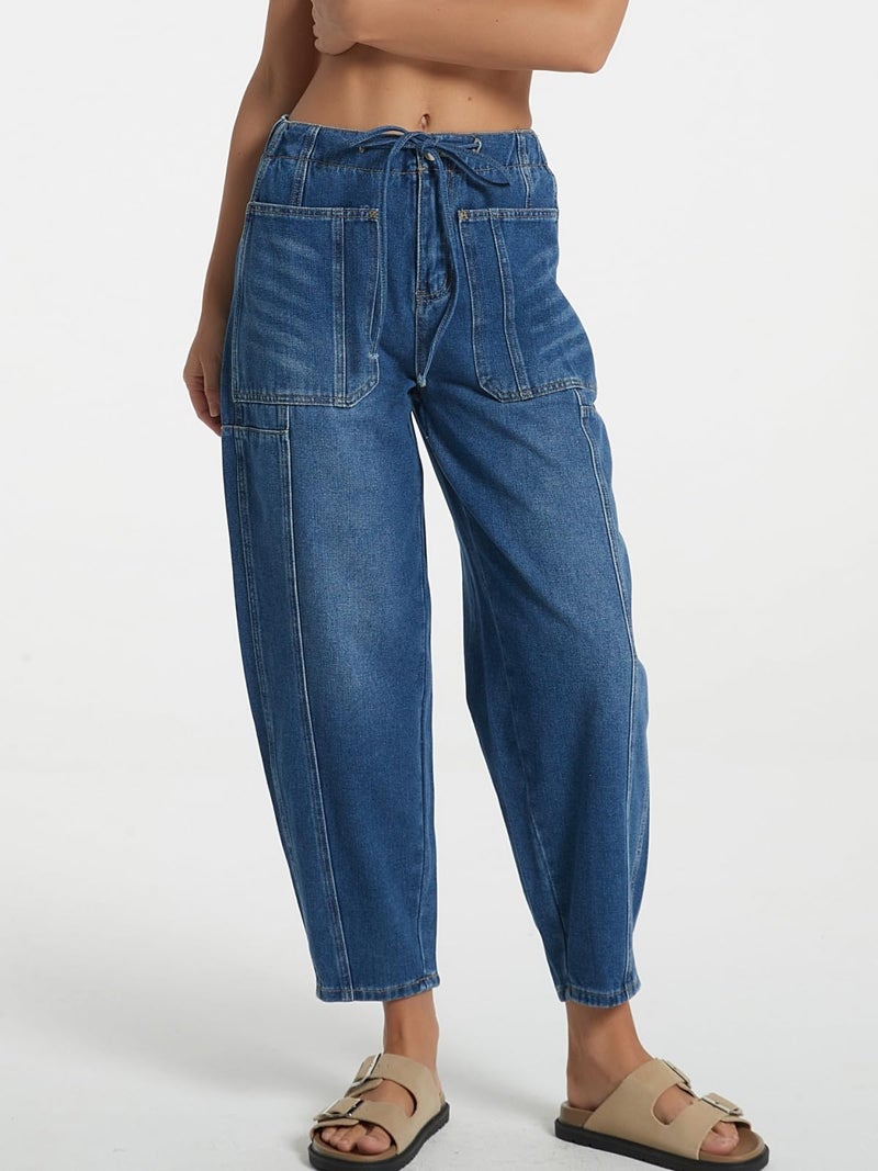 LifeShe Women's Wide Leg Baggy Jeans Elastic Waist Barrel Jeans Trendy Loose Drawstring Ankle Denim Pants Deep Blue - Image 3