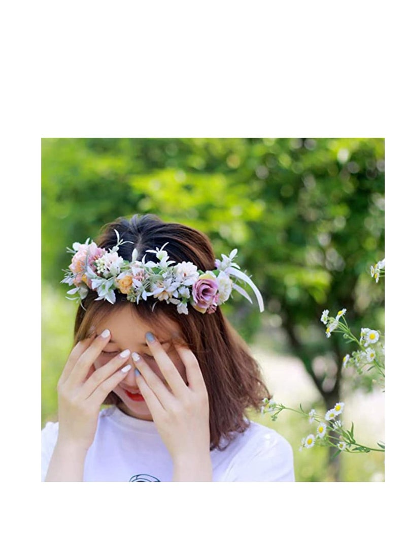 SYOSI Adjustable Flower Crown Headband, Boho Flower Headband Hair Wreath Floral Garland Crown Halo Headpiece with Ribbon Women Girl Festival Wedding Festival Party  - Image 4