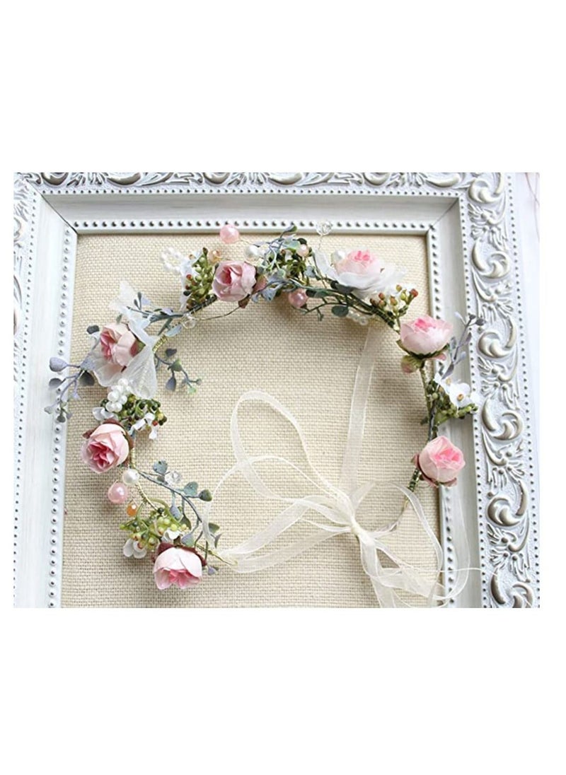 SYOSI Adjustable Flower Crown Headband, Boho Flower Headband Hair Wreath Floral Garland Crown Halo Headpiece with Ribbon Women Girl Festival Wedding Festival Party  - Image 5