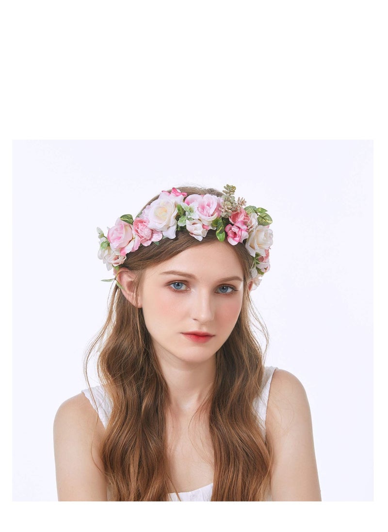 SYOSI Adjustable Flower Crown Headband, Boho Flower Headband Hair Wreath Floral Garland Crown Halo Headpiece with Ribbon Women Girl Festival Wedding Festival Party  - Image 2