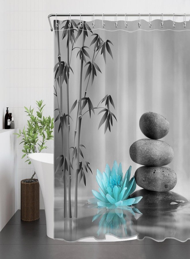 LB Zen Spa Shower Curtain Grey Bamboo Stone with Teal Water Lily in Water Bathroom Shower Curtain Teal and Gray Bathroom Curtain with Hooks 72Lx72W Inch Polyester Fabric Curtain - Image 2
