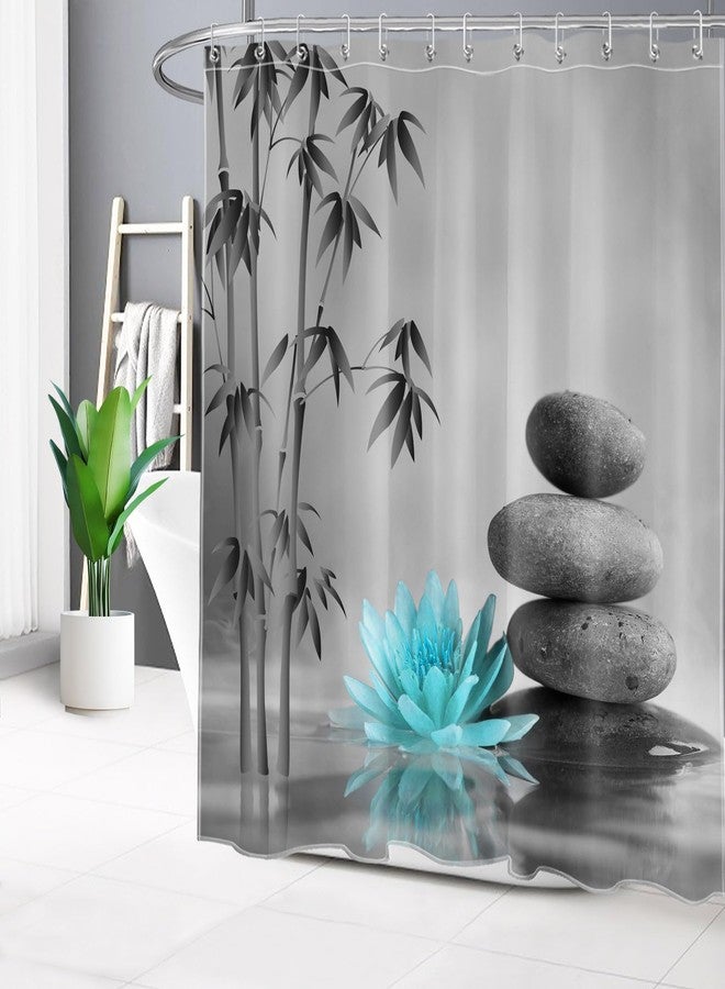 LB Zen Spa Shower Curtain Grey Bamboo Stone with Teal Water Lily in Water Bathroom Shower Curtain Teal and Gray Bathroom Curtain with Hooks 72Lx72W Inch Polyester Fabric Curtain - Image 1