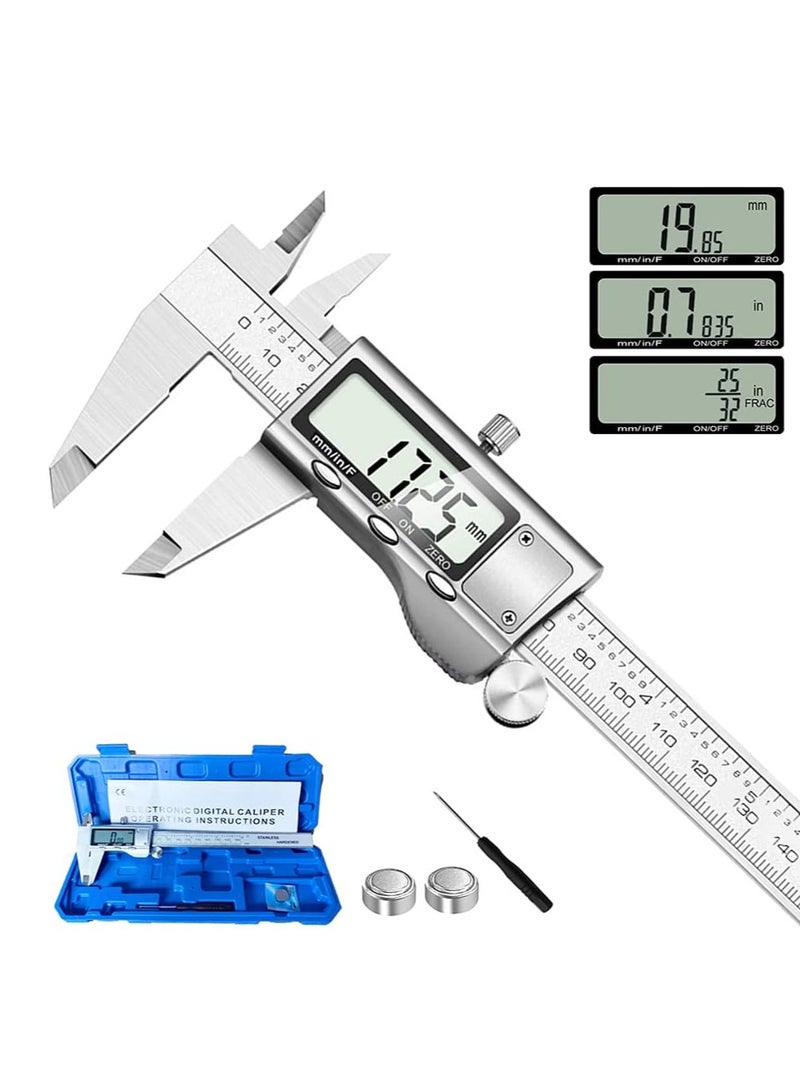 أداة قياس المسطرة الرقمية، مسطرة فيرنيه من الفولاذ المقاوم للصدأ مع ميكرومتر رقمي وشاشة LCD كبيرة، يتم التحويل بسهولة بين البوصة والمتري والكسور، مسطرة رقمية بطول 150 مم. - Image 1