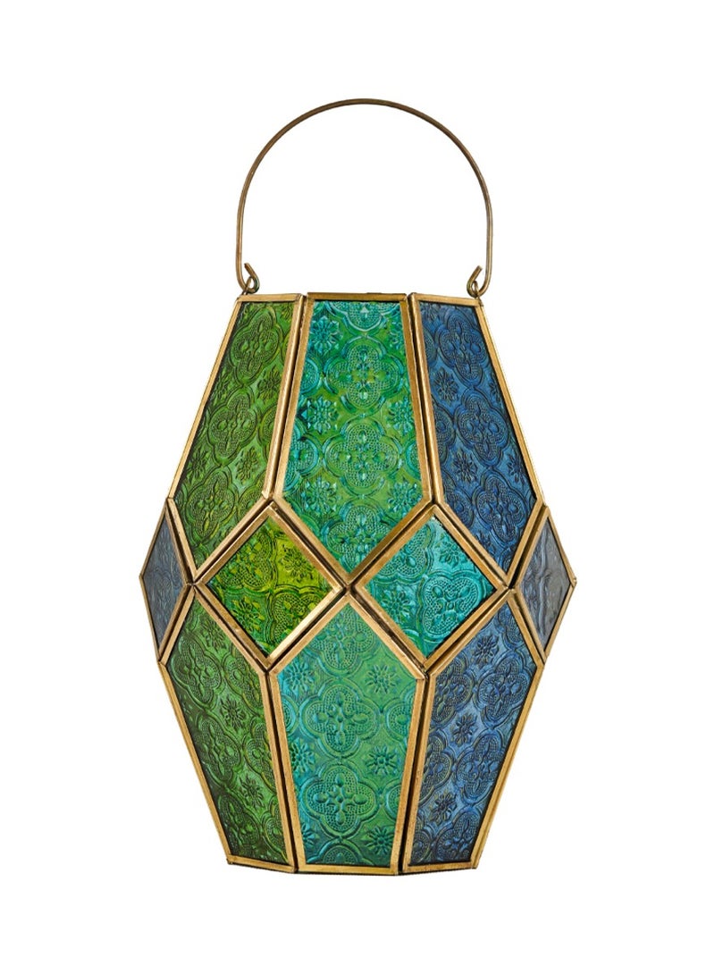 HilalFul Golden with Blue, Turquoise, Green Embossed Glass Decorative Candle Holder Lantern | Home Decor in Eid, Ramadan, Wedding | Living Room, Bedroom, Indoor, Outdoor Decoration | Moroccan - Image 1