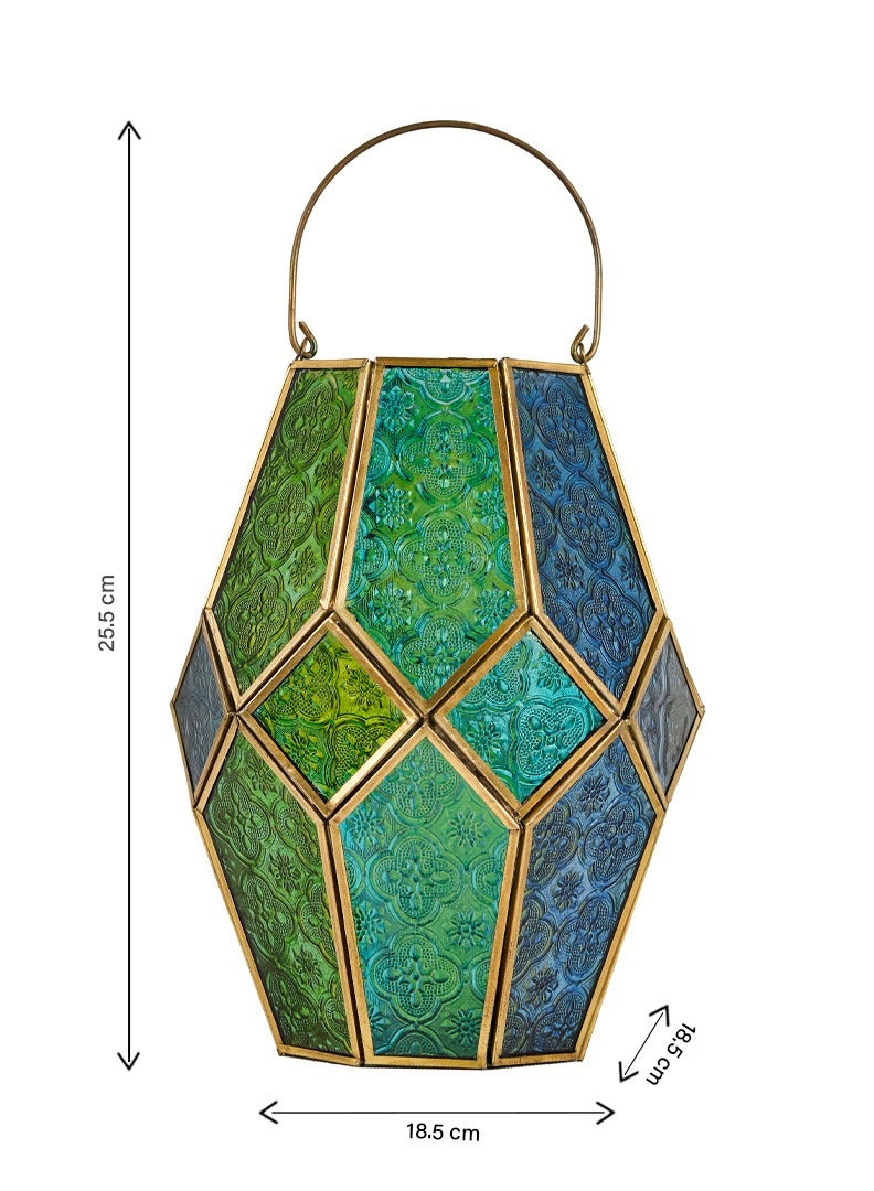 HilalFul Golden with Blue, Turquoise, Green Embossed Glass Decorative Candle Holder Lantern | Home Decor in Eid, Ramadan, Wedding | Living Room, Bedroom, Indoor, Outdoor Decoration | Moroccan - Image 3
