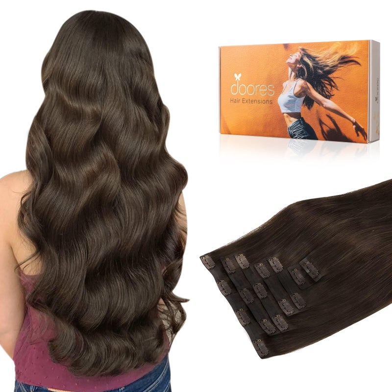 DOORES Clip in Hair Extensions Real Human Hair Light Dark Brown 150g 7pcs 20 Inch Virgin Clip in Extensions Invisible Edge Straight Natural Weft