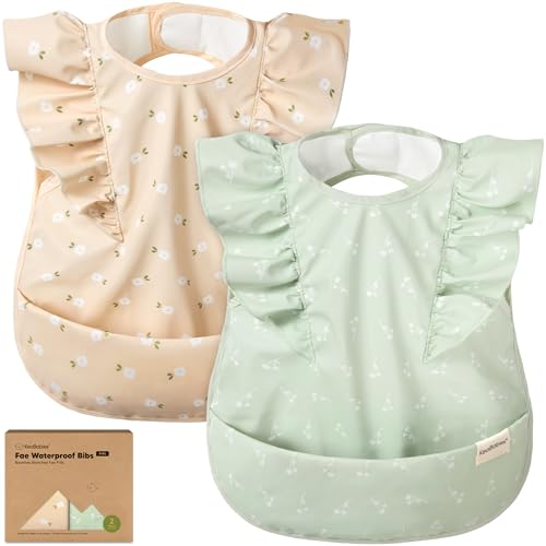 KeaBabies Waterproof Bibs for Baby GirlBoy 2Pack Lightweight Large Baby Bibs for Eating Wearable Food Catcher 612 Months Infant Feeding Essentials Smock for Toddlers 13 Kids Bloom - Image 1