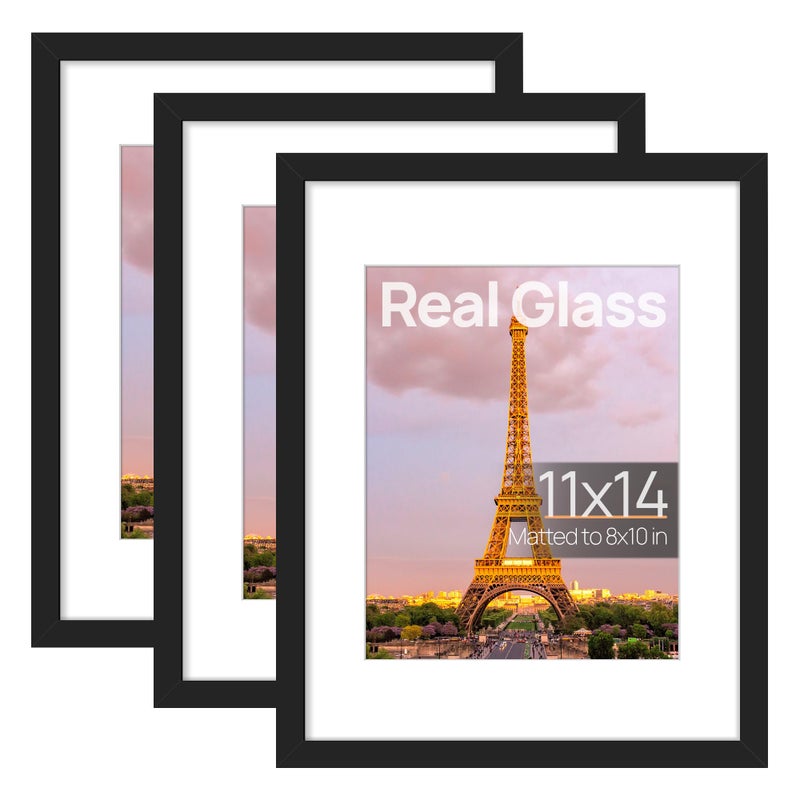 upsimples 11x14 Picture Frame Set of 3, Made of High Definition Glass for 8x10 with Mat or 11x14 Without Mat, Wall and Tabletop Display Photo Frames, Black - Image 1