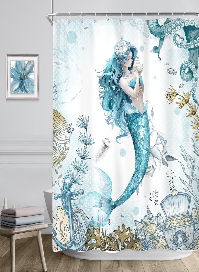 Riyidecor Mermaid Shower Curtain 60Wx72H Inch Blue Nautical Scale Ocean Sea Octopus Coastal Coral Underwater Fish Seashell Teal for Girls Bathroom Decor Fabric Polyester Waterproof 12 Pack Hooks - Image 3