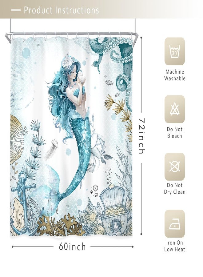 Riyidecor Mermaid Shower Curtain 60Wx72H Inch Blue Nautical Scale Ocean Sea Octopus Coastal Coral Underwater Fish Seashell Teal for Girls Bathroom Decor Fabric Polyester Waterproof 12 Pack Hooks - Image 5